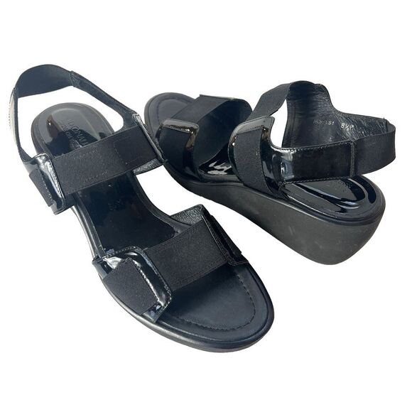 Donald J Pliner Womens Size 8.5M Black Wedge Sandals Sling Back Open Toe Stretch - Picture 1 of 12